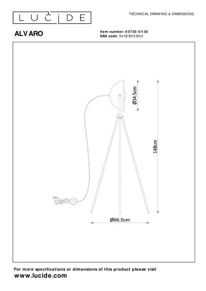 Lucide ALVARO - Stehlampe - 1xE27 - Schwarz - TECHNISCH